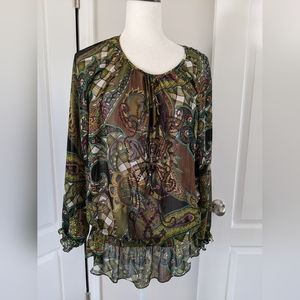 Sunny Leigh Womens Peplum Tunic Top M Purple Green Paisley Sequined Long Sleeves